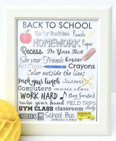 back to school printables are displayed in a white frame with yellow tissue paper