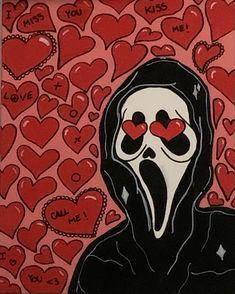 a painting of a person wearing a hoodie with hearts in the background