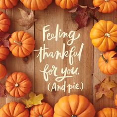 a wooden table topped with lots of orange pumpkins and fall leaves that says, feeling thanksgiving for you and pie