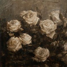 an oil painting of white roses in a vase