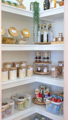 an organized pantry with lots of food and condiments