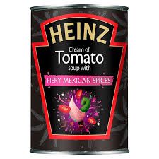 a can of heinz's cream of tomato soup with fiery mexican spices in it