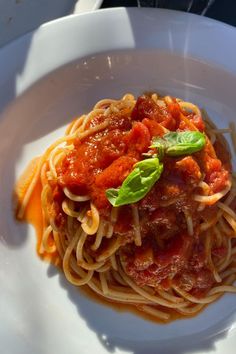 a plate of spaghetti with sauce and basil garnished on top, ready to be eaten