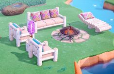 an animal crossing game with couches and fire pit