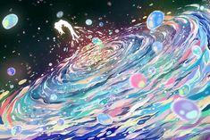 an abstract painting of water and bubbles in blue, green, pink, yellow and white colors