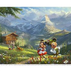 two mickey and minnie mouses in the mountains with a cabin on the other side