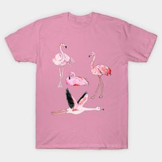 pink flamingos and other birds on a light pink t - shirt with black legs