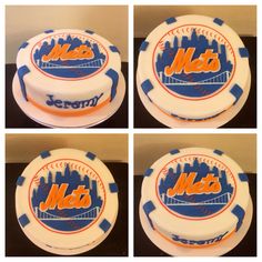 four cakes with the new york mets on them