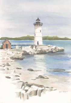 a watercolor painting of a light house on the shore with rocks in front of it