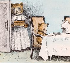 two bears are sitting at a table and one bear is standing up to the door