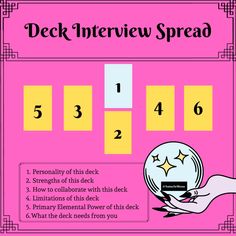 a pink poster with numbers on it and the words deck interview spread in white letters