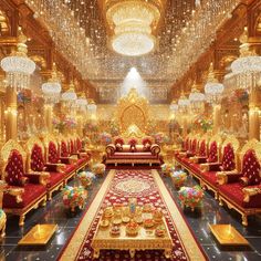 an elaborately decorated room with red couches and chandeliers hanging from the ceiling