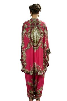 Fuchsia pink shirt kurta with floral print and gazette sleeves. Paired with printed dhoti pant. - Aza Fashions Pink Traditional Drape Kaftan For Festivals, Traditional Pink Pant Set With Traditional Drape, Festive Pink Pant Set With Traditional Drape, Traditional Pant Set With Dupatta For Reception, Pink Pant Set For Wedding And Navratri, Bollywood Pant Set With Traditional Drape For Navratri, Traditional Drape Pant Set For Diwali Reception, Pink Pant Set With Dabka Work For Diwali, Traditional Drape Pant Set With Dupatta For Reception