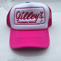 Gilley_s Embroidered Trucker Hat White Flat Brim Trucker Hat For Spring, Pink Snapback Hat With Short Brim For Spring, White Hats With Letter Print For Spring, Trendy Trucker Hat With Embroidered Logo For Spring, Trendy White Embroidered Hat, White Trucker Hat With Embroidered Logo For Spring, White Embroidered Trucker Hat For Summer, White Embroidered Logo Trucker Hat For Summer, Summer White Trucker Hat With Embroidered Logo