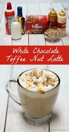 white chocolate toffee nut latte in a glass mug with ingredients surrounding it