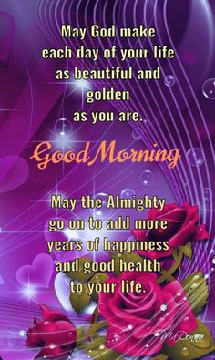 good morning message with roses and hearts on purple background