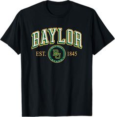 a black t - shirt with the word baylor est, in green and yellow