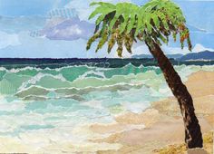 a painting of a palm tree on the beach