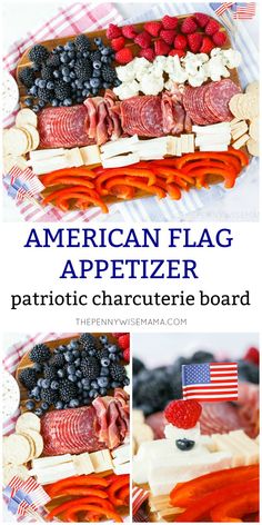 an american flag appetizer with fruit, cheese and meats on the side