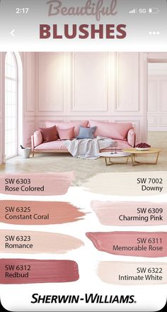 a pink couch with the words beautiful blushes on it and other furniture in different colors