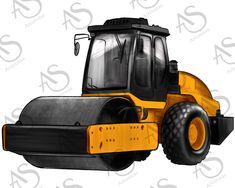 an image of a yellow and black bulldozer with wheels on it's sides