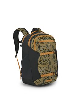 a backpack with an abstract pattern on the front and back straps, sitting upright against a white background