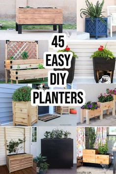 wooden planters with plants in them and the words, 45 easy diy planters