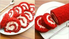 red velvet roll cake with white frosting and spiral design on plate next to fork