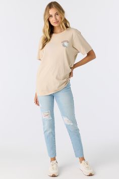 This is an oversized fit, soft cotton tee that has a garment dye design and high-quality screen print. O'Neill Women's oversized tee 27.5" In length Soft cotton feel Garment dye High quality screen print 100% Cotton Light Wash Washed Cotton T-shirt, Light Washed Cotton T-shirt, Trendy Relaxed Fit Faded T-shirt, Trendy Relaxed Fit Washed T-shirt, Light Wash Cotton Tops With Graphic Print, Spring Faded Crew Neck T-shirt, Faded Graphic Tee With Relaxed Fit, Light Wash Graphic Print Cotton T-shirt, Light Wash Graphic Tee With Graphic Print