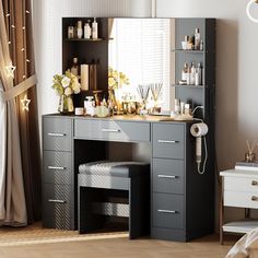 a room with a vanity, stools and shelves filled with personal care items in it