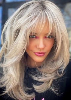 Below Shoulder Layered Haircut, Beautiful 50 Year Old Woman, Medium Length Angled Bob With Bangs, Women's Hair Cuts Medium, Waterfall Layers Haircut Short, Long Blonde Bob With Bangs, Layered Long Hair Styles, Bangs With Glasses Oval Face, Mid Length Hair With Layers Over 40