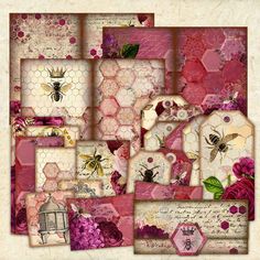 a collage of pink flowers and bees with honey combs on them is shown