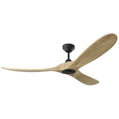 a black ceiling fan with wooden blades