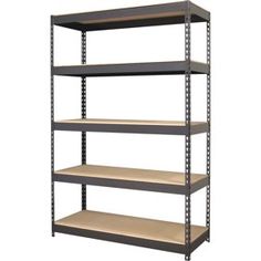 an empty shelving unit with four shelves on each side and one shelf above the other