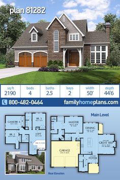 two story house plan with 3 car garage and attached living area in the front yard