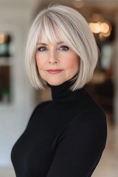 Opt for bold and beautiful hairstyles that show off your vibrant spirit. Fine Hair Bangs, Grey Hair Looks, Haircuts For Medium Length Hair, Gorgeous Gray Hair, Chin Length Hair, Bob Haircut For Fine Hair, Bob Hairstyles For Fine Hair, Haircuts For Medium Hair, Haircuts For Fine Hair