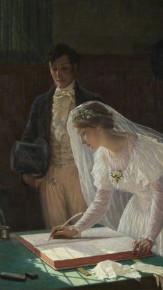 a painting of a man and woman in wedding attire writing on a book with an old - fashioned pen