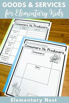 two worksheets with the words, goods and services for elementary kids on them