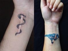 two different tattoos on the wrist and arm, one with a snake tattoo on it