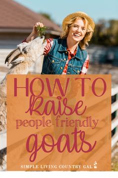 a woman petting a goat with the words how to raise people friendly goats on it