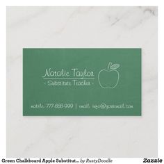 a green business card with an apple on the front and white lettering that reads, nature teacher