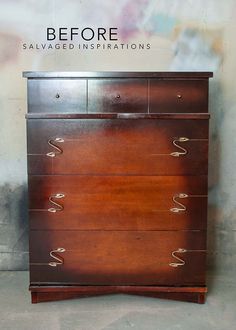 an old wooden dresser with the words before salvaged instructions on it's side