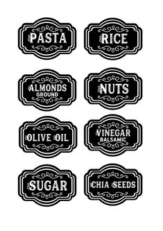 six black and white labels for different types of food