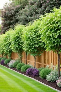 a row of trees in front of a wooden fence with purple and green flowers on the side