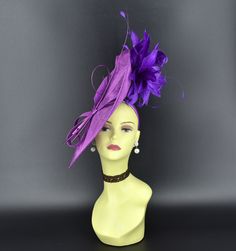 ✿*.Key Features.*✿ This is a large British thing style fascinator. It is made of large sinamay base, trimmed feathers, special shape quills and headband that might conceivably strike your fancy flaunting and bobbing on your head when you takes a notion to go to a special occasion. Whether you're conservative or even a little garish, it is the most fun accessory you will ever wear to a wedding, an afternoon garden party or the horse races. Fascinator size: From front to back: 13.75"(35cm) From left to right: 16.5"(39.5cm) If you want other colors in this style, just search the same item code in my store, you will find them. ✿*.Tip.*✿ ❣️If you want a customized piece, please follow the instructions below: 🔹Present style of hat or fascinator you would like from the store, with additional pho Purple Mini Hats With Feathers For Kentucky Derby, Purple Feathered Mini Hats For Kentucky Derby, Purple Mardi Gras Party Costume Hats And Headpieces, Elegant Purple Feathered Headpiece, Purple Mardi Gras Party Costume Hat, Purple Feather Mini Hat For Wedding, Purple Feathered Headpieces For Kentucky Derby, Purple Feathered Mini Hat For Wedding, Purple Feathered Headpieces