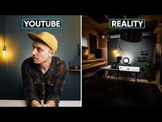 a man sitting in front of a desk with a light on it and the words youtube reality above him