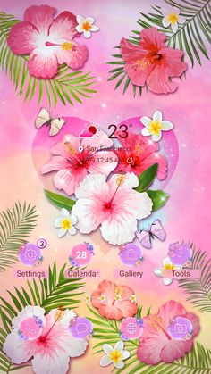 pink flowers and palm leaves on a pink background