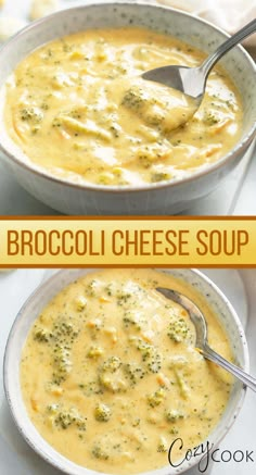 broccoli cheese soup in a bowl with a spoon