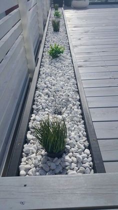 a small garden with rocks and plants in the center, along side a wooden fence