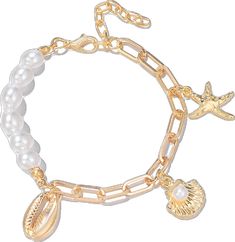 Gold Starfish Shell For Beach, Summer Bracelets With Starfish Charm, Starfish Charm Bracelets For Beach Season, Gold Charm Bracelet With Starfish For Beach, Starfish Shell Jewelry, Starfish Charm Strand Jewelry For Beach Season, Shell Bracelet For Beach Season, Beach Season Starfish Charm Strand Jewelry, Trendy Gold Bracelets For Beach Season